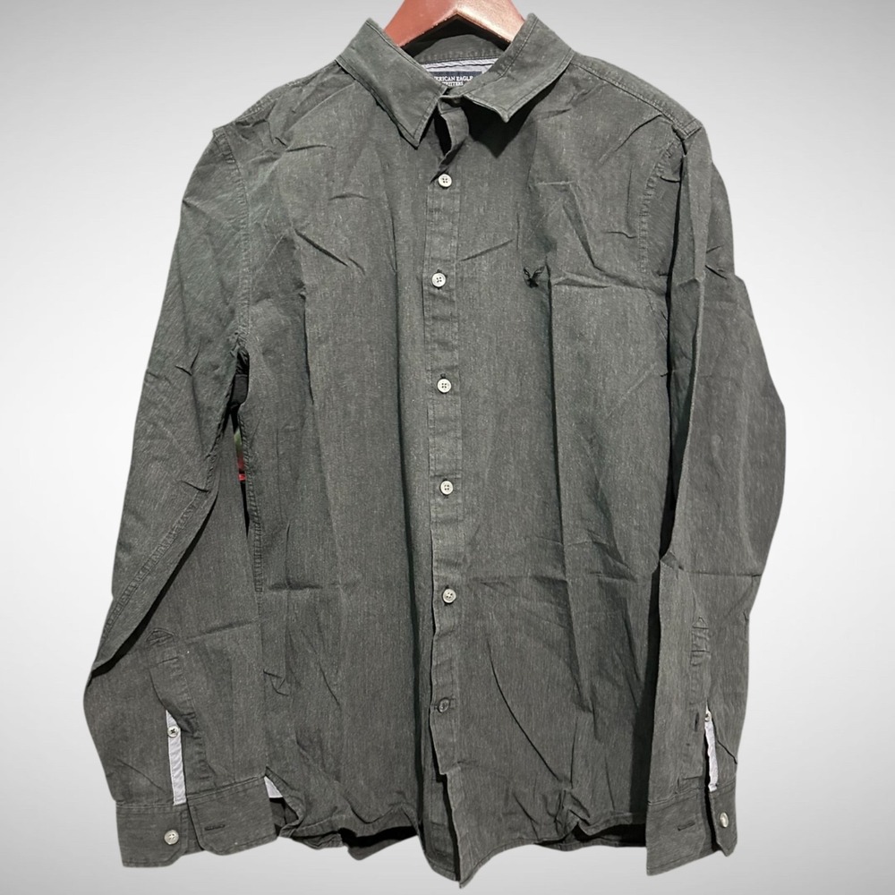 American Eagle Shirt Mens Large Solid Gray Long Sleeve Button Down Y2K Biker